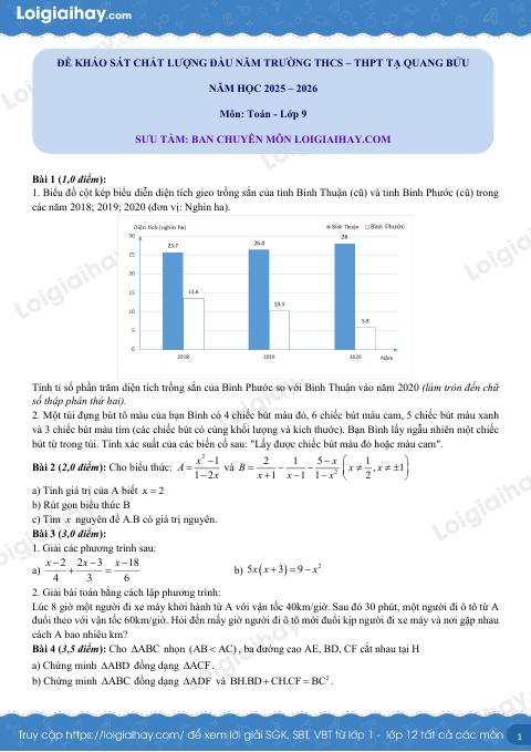 Đề khảo sát chất lượng đầu năm Toán 9 THCS – THPT Tạ Quang Bửu – Hà Nội